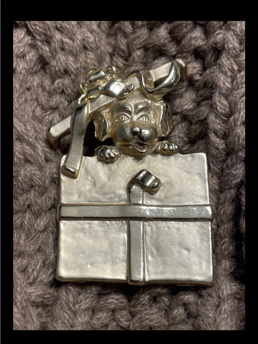 Vintage AJC Gold Tone Christmas Puppy Peeking Out of Present Brooch Pin